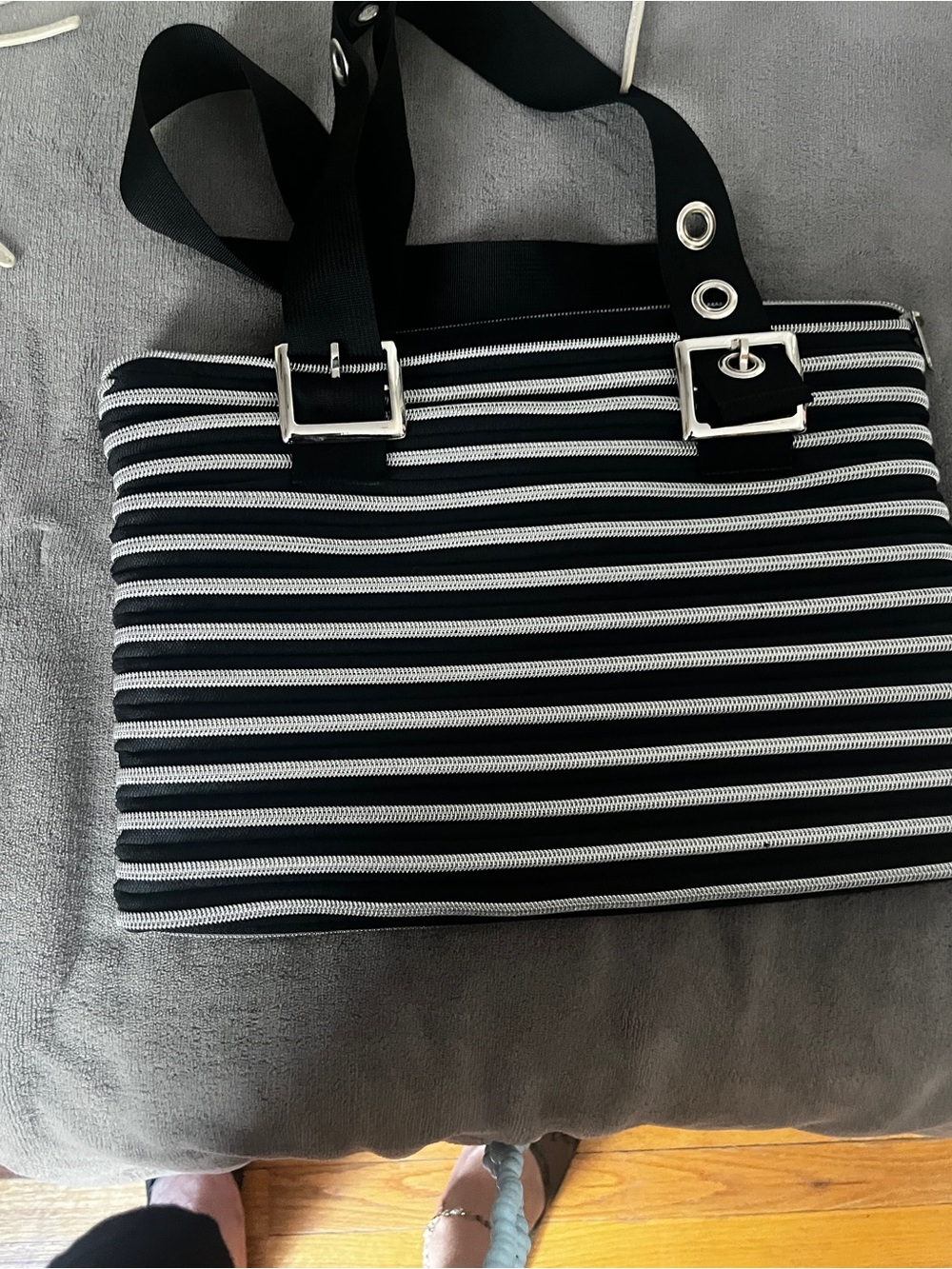 Black & White Striped Women's Shoulder Bag with Silver Hardware